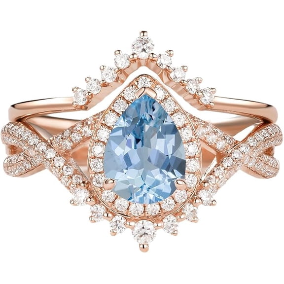 Divine Creation 2.00 Ct Pear Cut Aquamarine Wedding Engagement Bridal Ring Set 14K Rose Gold Plated 925 Sterling Silver For Women's -6