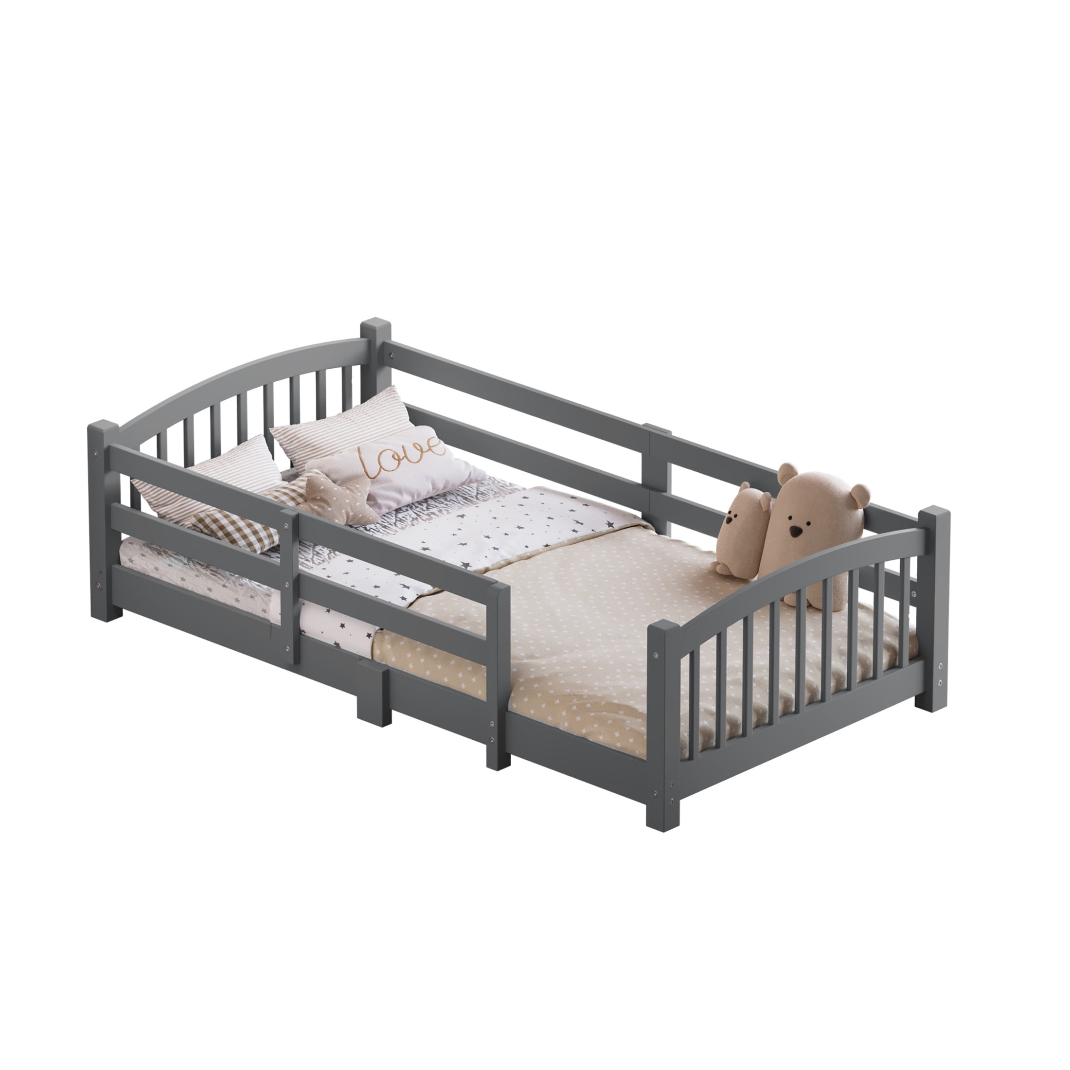 Noble House Twin Floor Bed with Slats, Safety Guardrails, Solid Wood Frame, Gray