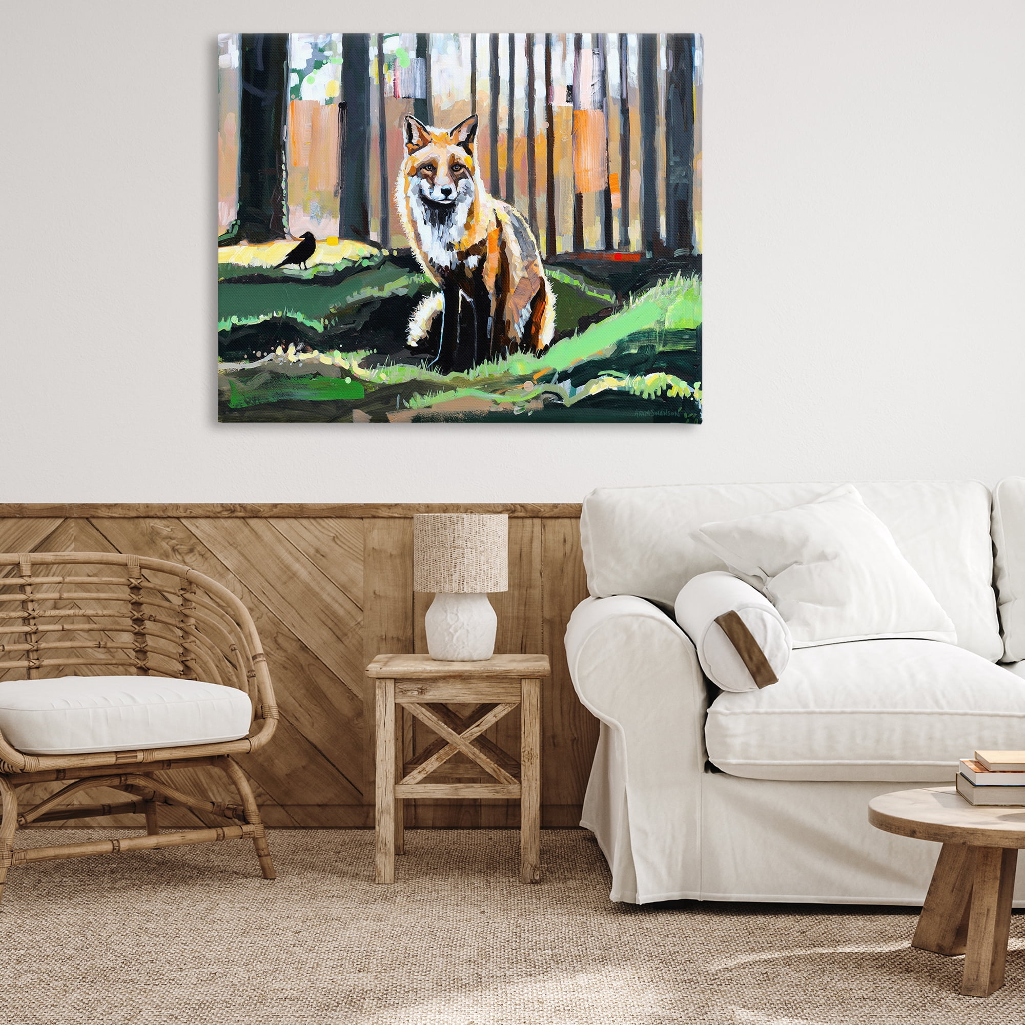 Stupell Industries Fox in Forest Trees Animals Painting Wrapped Canvas Art Print Wall Art, 48 x 36