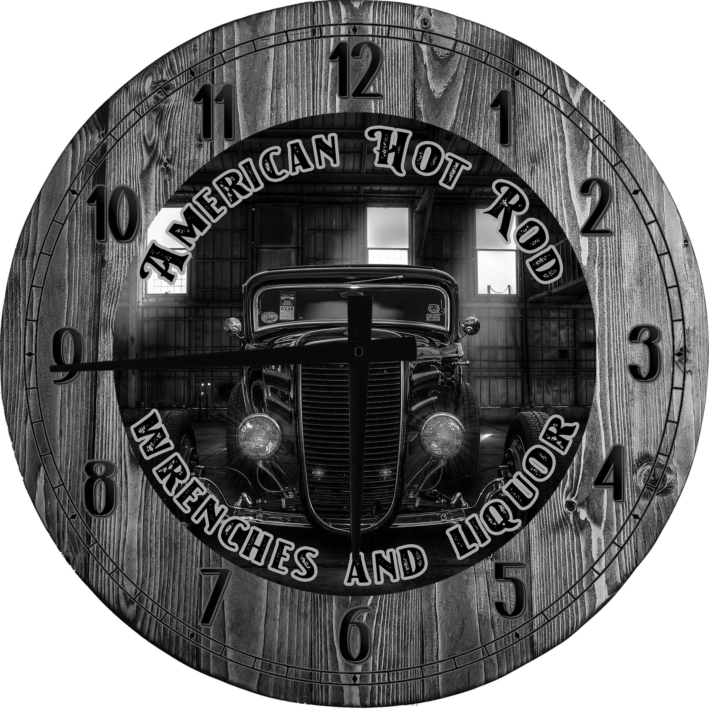 Wood Wall Clock 12 Inch American Hot Rod Moonshine Runner Round Small