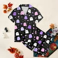 thumbnail image 4 of XZNPDUCQ Girls' Halloween Pajama Sets Pumpkin Bat Print Button Down Short Sleeve Shorts Pjs Satin Soft Sleepwear Halloween Home Short Sleeve T+Shorts Pajama Set (12-13 Years,Dark Purple), 4 of 5