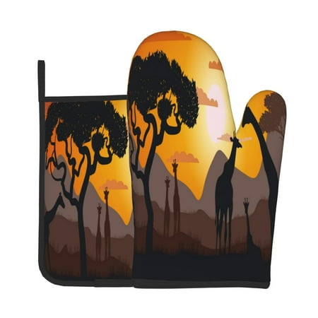 

Junzan Giraffes Of The African Savannah Pattern Oven Mitts and Pot Holders 2 pcs Set Potholders BBQ Gloves Long Kitchen Oven Glove for Cooking Baking Grilling (2-Piece Set 11 Inch)