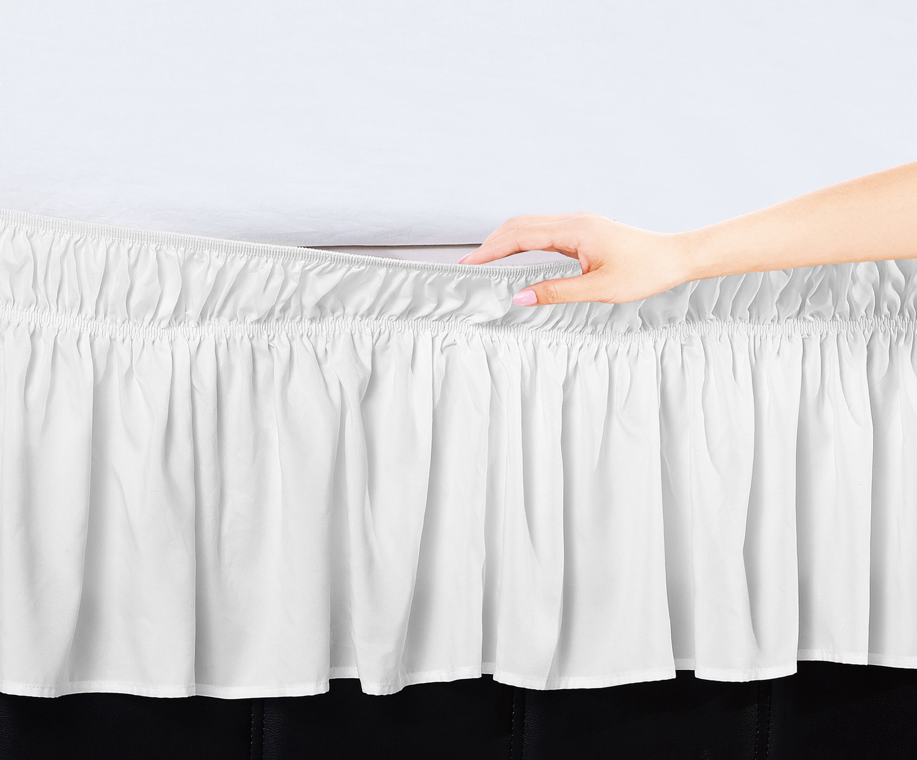 Elegant Comfort Luxury Wrinkle Resistant -Wrap Around Style- Elastic Bed Wrap Ruffled Bed Skirt 16inch Drop, Queen/King, White