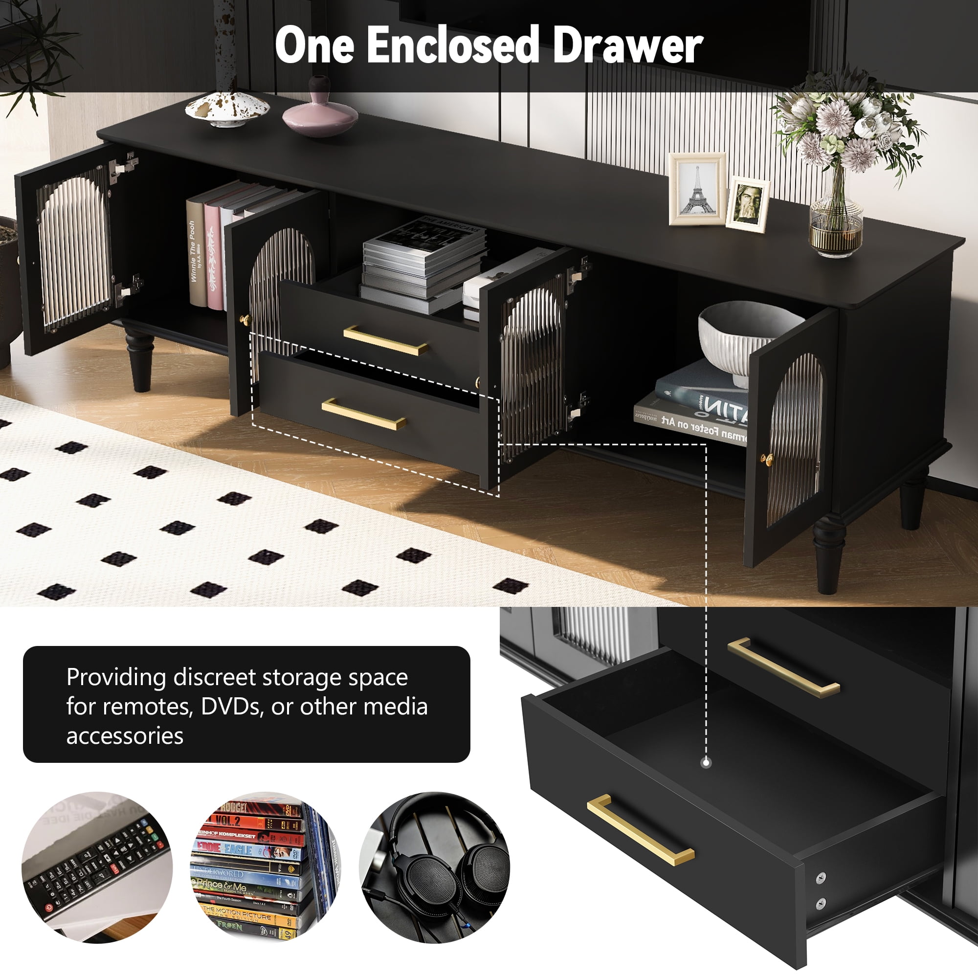 Harper & Bright Designs TV Stand with Fluted Glass Doors for 75 inch TV, TV Storage Cabinet Table with Drawers, Wood Media Console Table with Solid Wood Legs for Living Room, Black