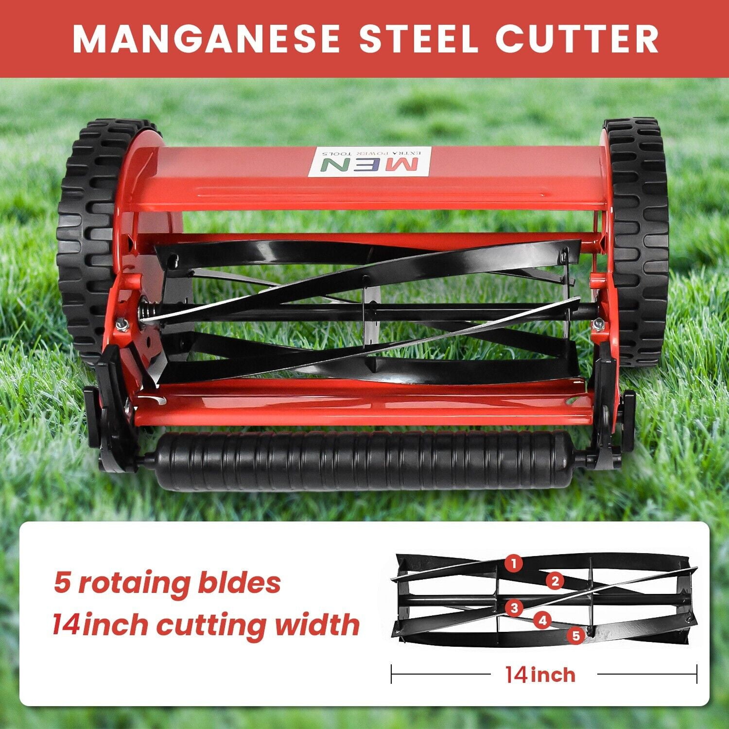 iMeshbean 14-Inch 5-Blade Manual Reel Lawn Mower, 2 Wheels Adjustable Handle Height Hand Push Lawn Catcher,High Efficiency Push Reel Lawn Mower, Red