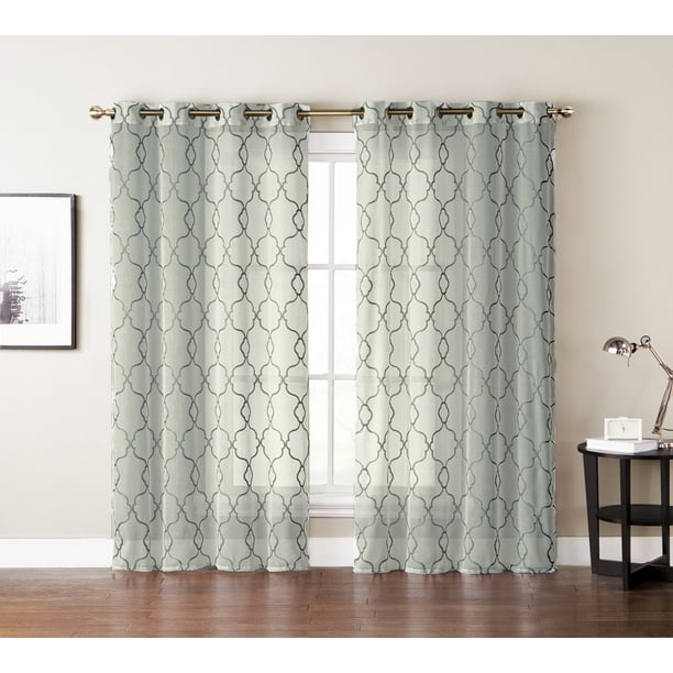 Single 1 Window Curtain Panels Ivory Beige Textured Sheer White Embroidered Moroccan Trellis Design Silver Grommets 55 W X 84 Com Single 1 Window Curtain Panels Ivory, Ivory Curtain Panels