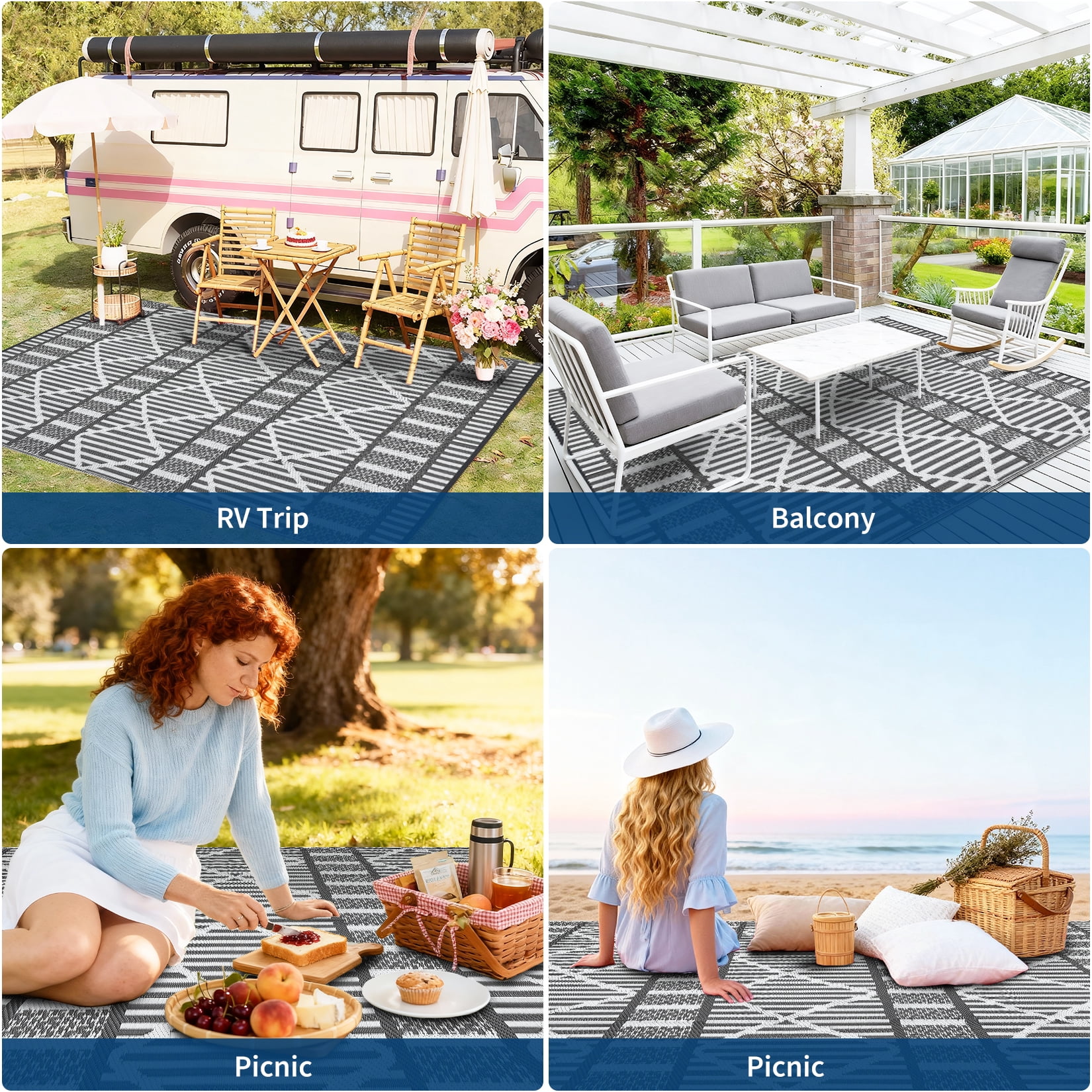 HIWEAVER 9' x 12' Gray/White Outdoor Rug PP Plastic Straw Woven Waterproof Patio Rug with Border Portable Outside Carpet for Balcony Deck Picnic Garden Decor