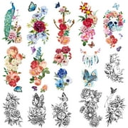 Yazhiji 15 Sheets Large Fake Tattoos for Girls, Waterproof Peacock Sexy Flowers Temporary Tattoos for Women Flowers Collection (19X9 CM)