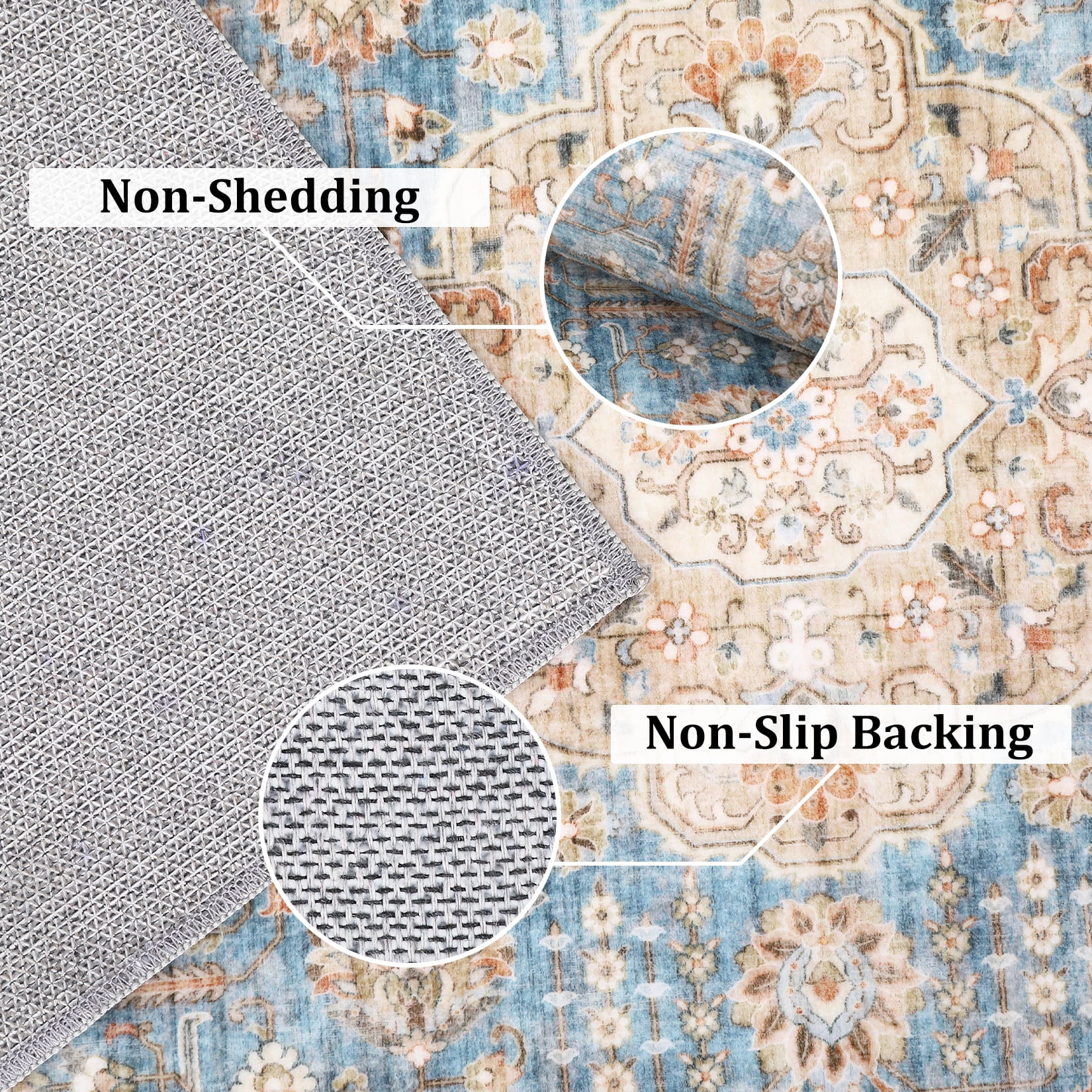 Hasoo Area Rug 5' x 7' Vintage Retro Area Rug for Living Room Bedroom Medallion Distressed Washable Rug Blue
