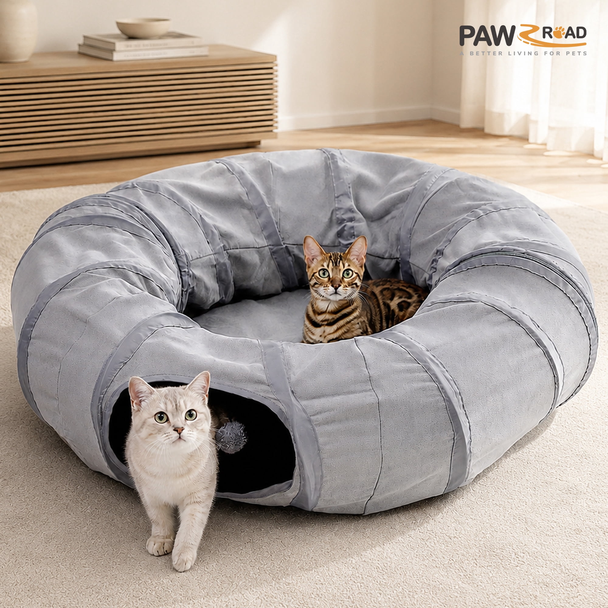 PAWZRoad Cat Tunnel with Soft Cushion 2-in-1 Collapsible Hideaway Round Shape,Gray