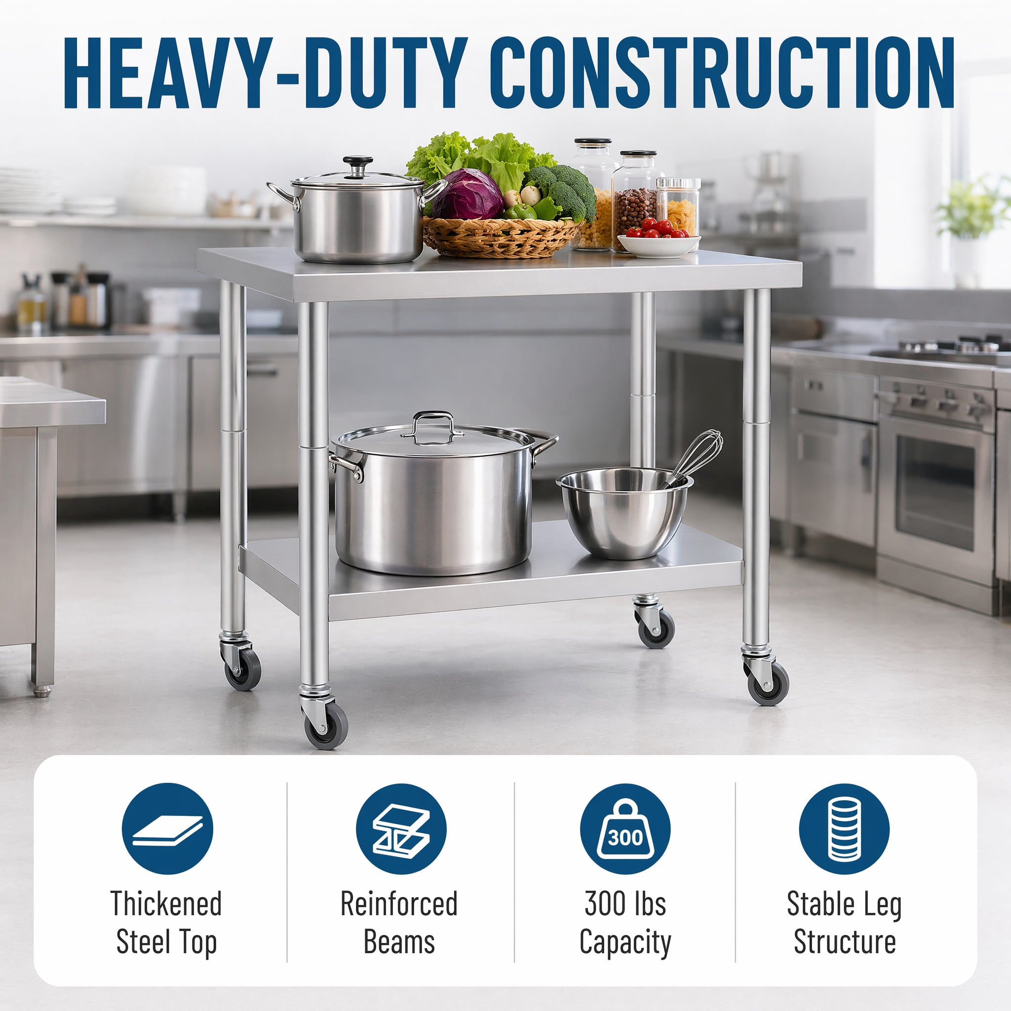 GARITIN 36 x 24 Inch Commercial Work Table with Wheels, Stainless Steel Kitchen Prep Table with Under Shelf for Restaurant & Home, Silver