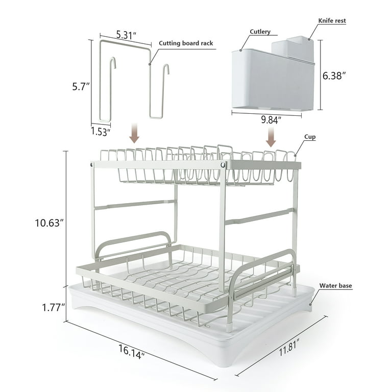Home Shark Kitchen Dish Drying Rack Set, 2 Tier White Anti-rust Dish Drainer Rack with Drainage Spout