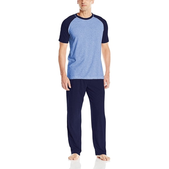 Hanes Men's Adult X-Temp Short Sleeve Cotton Raglan Shirt and Pants Pajamas Pjs Sleepwear Lounge Set - Blue (Medium)