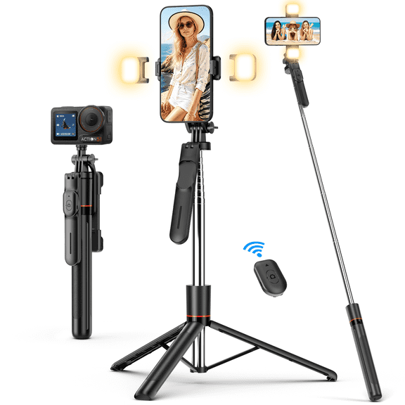 QIRITA Selfie Stick Tripod with Light, 67'' Portable Phone Tripod with Remote, 360° Rotation Handle, Compatible with Iphone, Android/Vlog