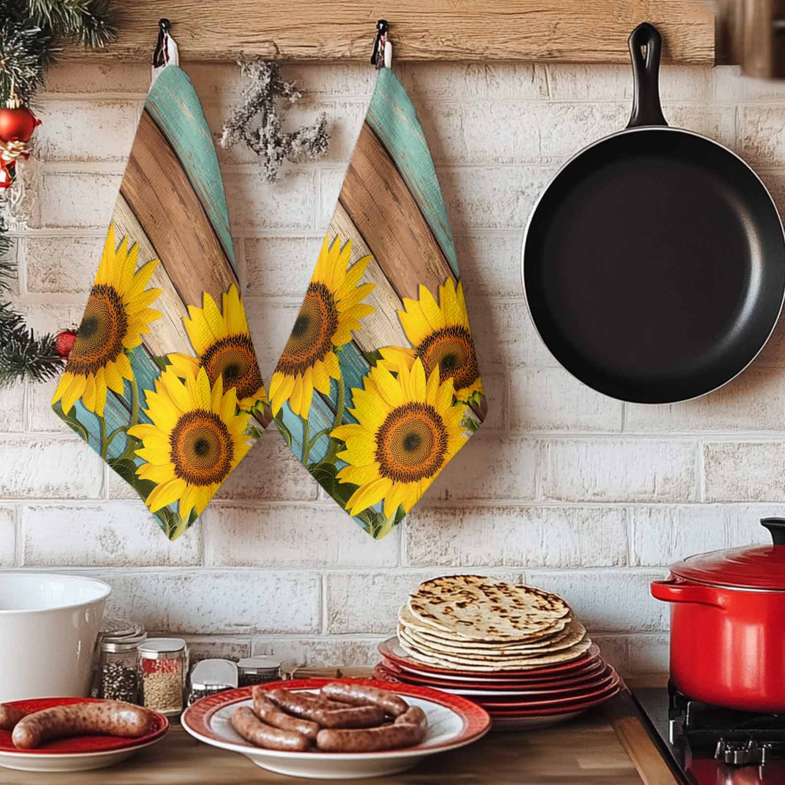 Dish Towels, Sunflower Absorbent Kitchen Towels 2 PCS, Farmhouse Floral Plant Teal Wood Grain Microfiber Hand Towels Dish Cloths Tea Towels for Home&nbsp;Bathroom Cleaning Drying,18X28-Inch,