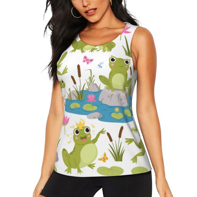 Balery Cartoon Frogs Camiseta sin mangas estampada ligera para mujer, tops de entrenamiento sin mangas, camisetas de yoga transpirables de secado rápido.-XX-Large