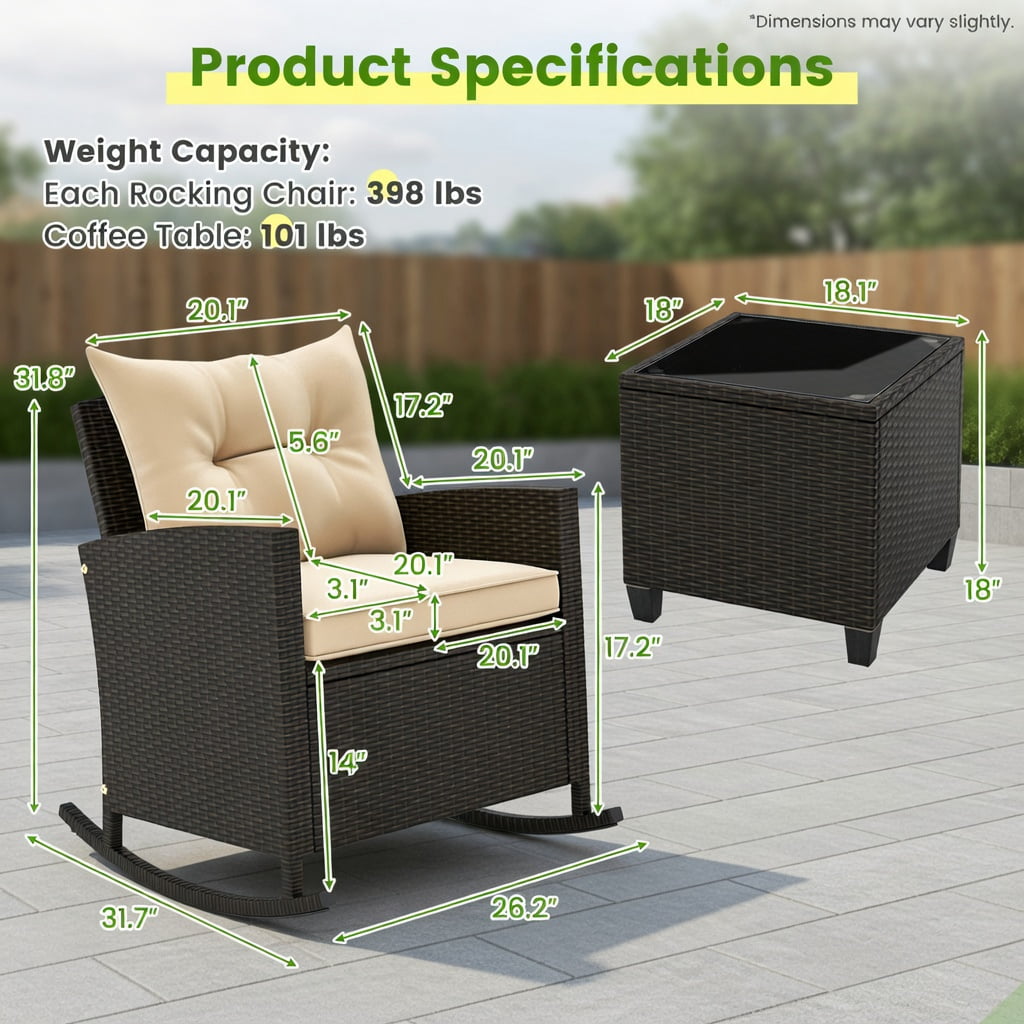 Hommoo 3-Piece Outdoor Rattan Rocking Chair Set with Tempered Glass Coffee Table & Removable Cushions, Weather-Resistant PE Wicker Patio Furniture for Backyard, Poolside & Porch, Brown