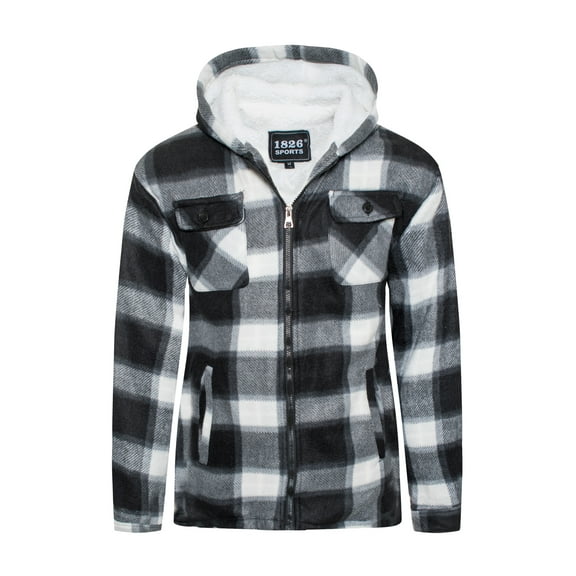 1826 Men's Sherpa-Lined Flannel Hoodie Jacket - Warm Zip-Up Layer for Cold Weather - Classic Fleece Plaid Pattern - Perfect for Hiking, Camping, & Everyday Winter Wear