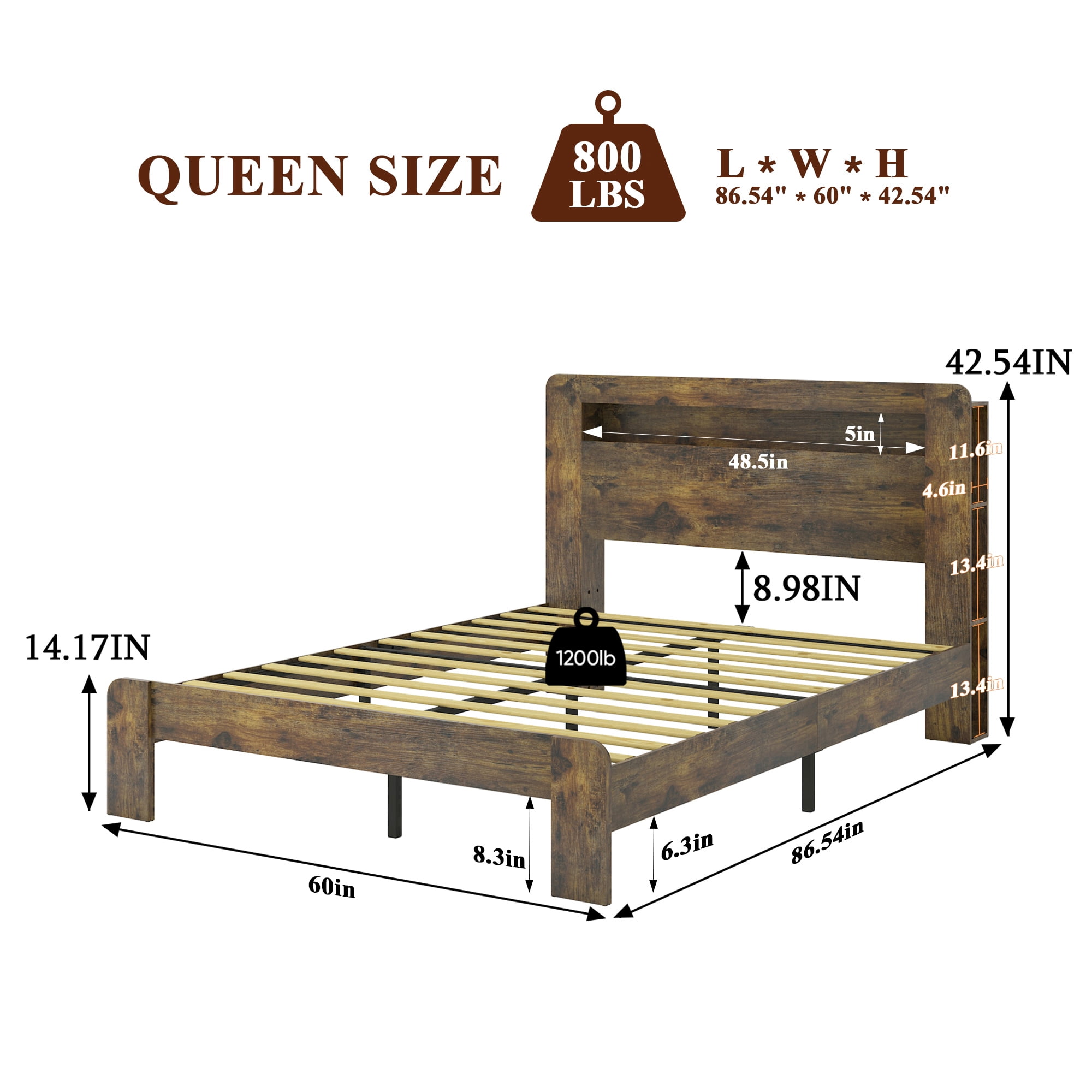Queen Size Wood Platform Bed Frame with Storage LED Headboard,2 USB Ports,Under-Bed Storage,No Box Spring Needed,Dark Brown