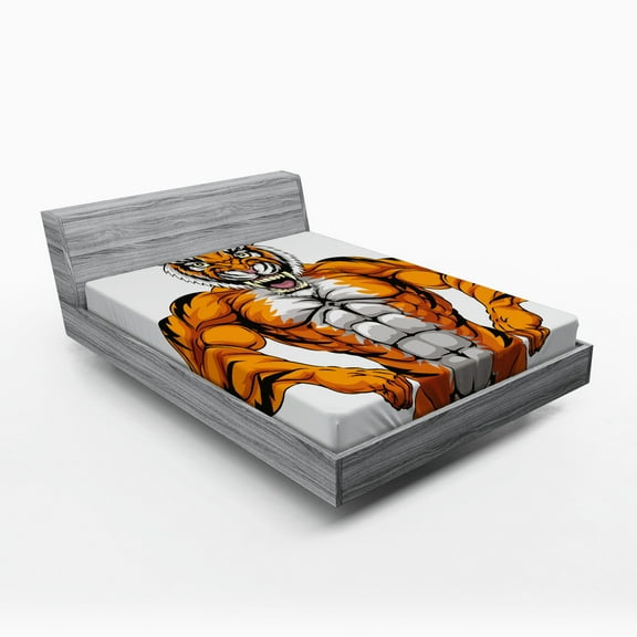 Ambesonne Animal Fitted Sheet, Wildlife Savannah Tiger Art, Full Size, Pale Grey and Marigold