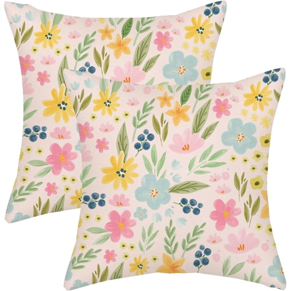 Spring Pillow Covers 18x18 Watercolor Floral Farmhouse Decor Throw Pillows Case for Couch Colorful Flower Seasonal Pillowcase Outdoor Decorative Cushion Case for Sofa Bed Decorations Set of 2