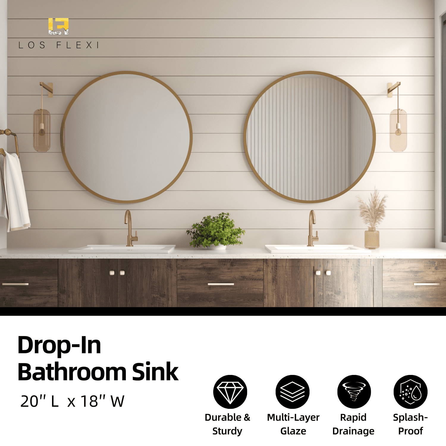 Los Flexi Drop-In Bathroom Sink 20” × 18” Durable Glossy White Ceramic Rectangular Classic Style with Single Faucet Hole & Overflow