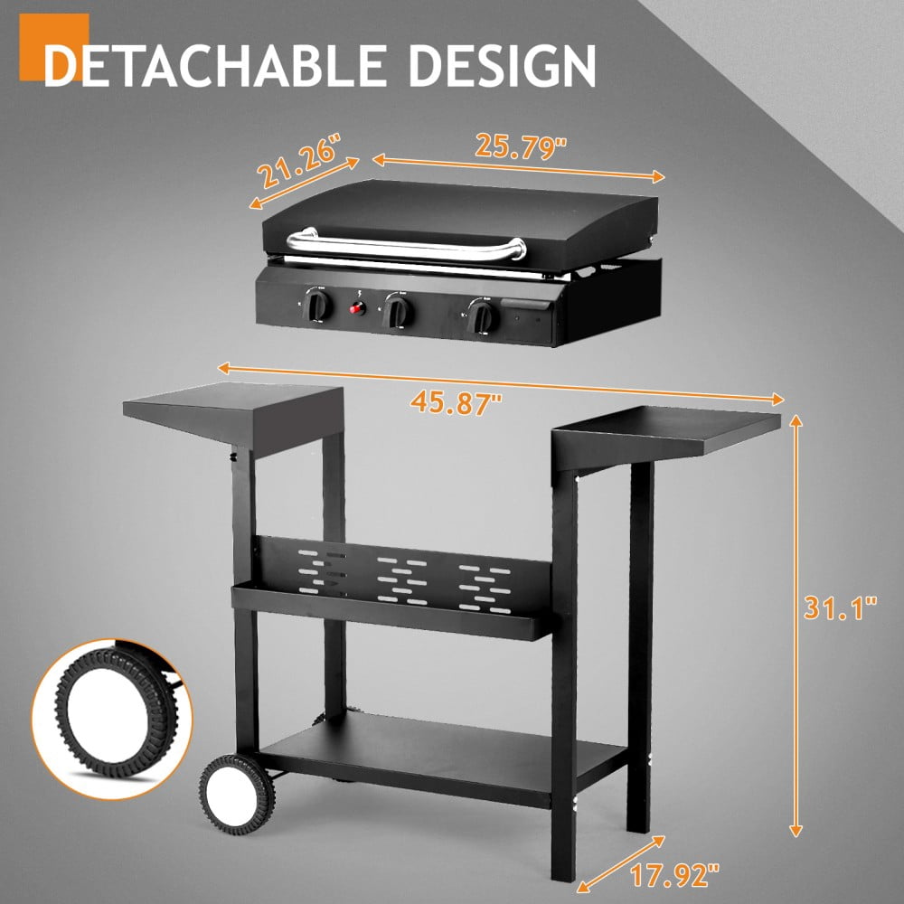 IVV 3-Burner Propane Gas Flat-Top Griddle with Side Shelves, Spice Rack and Rolling Wheels, 30,000 BTU Flat Top Cooking Station for Outdoor Camping or Tailgating, Black