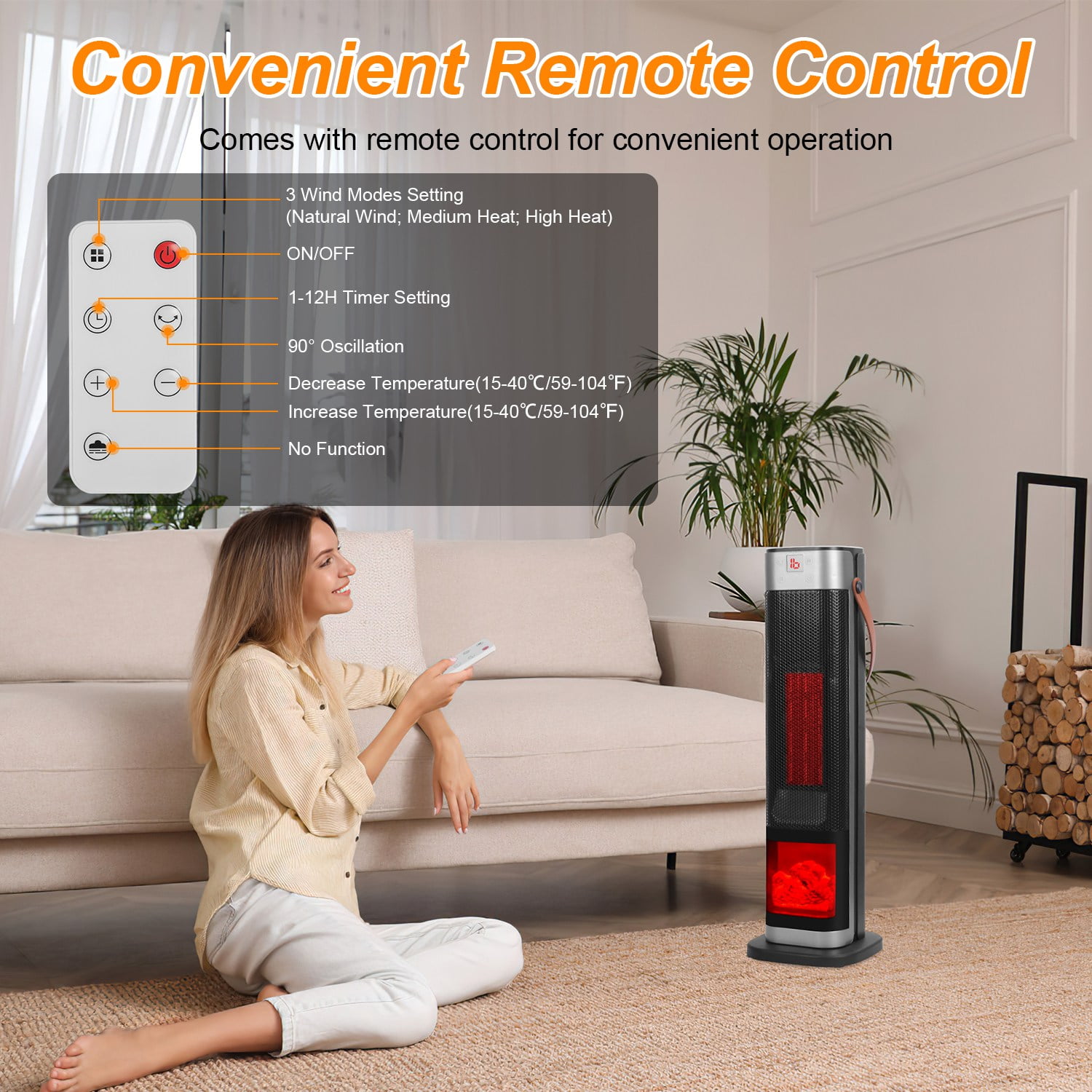 1500W Oscillating Tower Space Heater with 3D Flame, 90°Wide-Angle 323 Sq.Ft Heater with 1℃ Precision Thermostat & Remote, Overheat/Tip-Over Protection Portable Heater for Home Bedroom Office