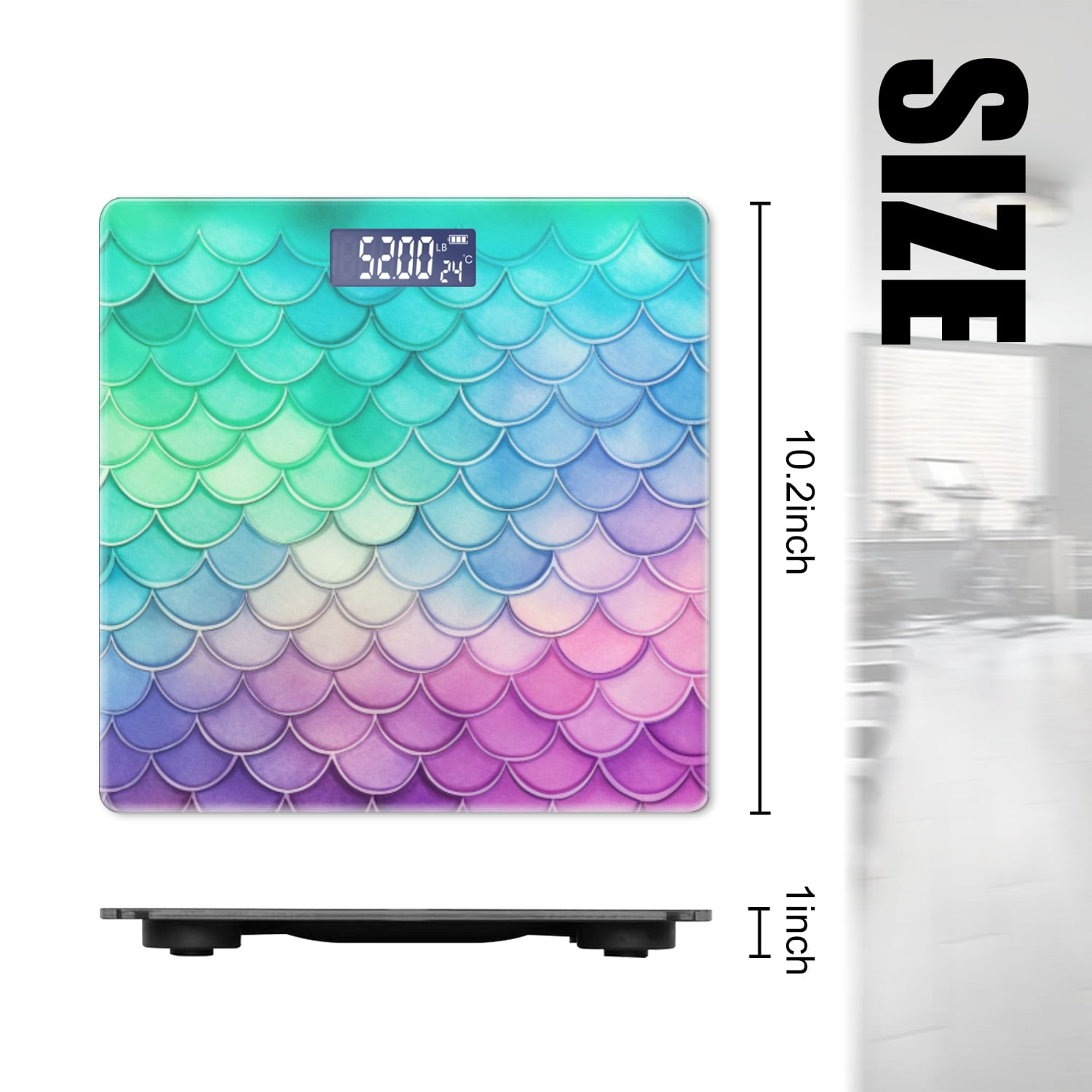 Bathroom Scale, Highly Accurate Digital Body Scale,Precisely Measures Weight up to 400 lbs-Mermaid Scales Pattern With Rainbow Pastel Colors And Watercolor Style