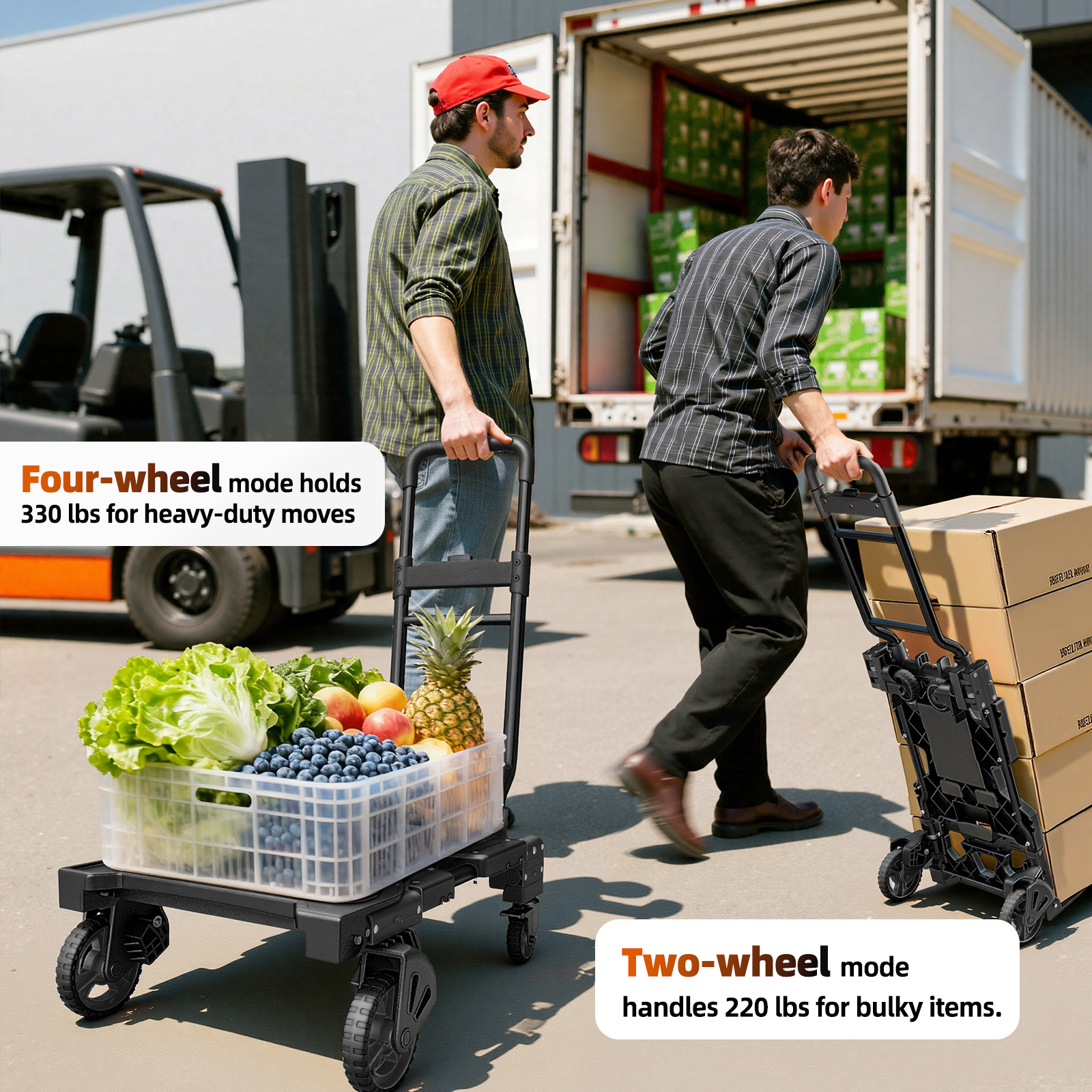 FUTURELAB 2 in 1 Folding Hand Truck, Four/Two Wheels 330LBS Capacity Foldable Cart,Convertible Dolly Cart with Retractable,Truck/Dolly for Travel, Moving, Shopping, Office