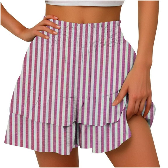 yillto Womens Striped Shorts Elastic High Waist Flowy Loose Shorts Summer Ruffle Lightweight Shorts