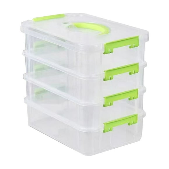 Fasiaou 4-Tiers Stack Carry Storage Box with Handle, Transparent Stackable Storage Bin with Handle Lid Latching Storage Container for School & Office Supplies,Green