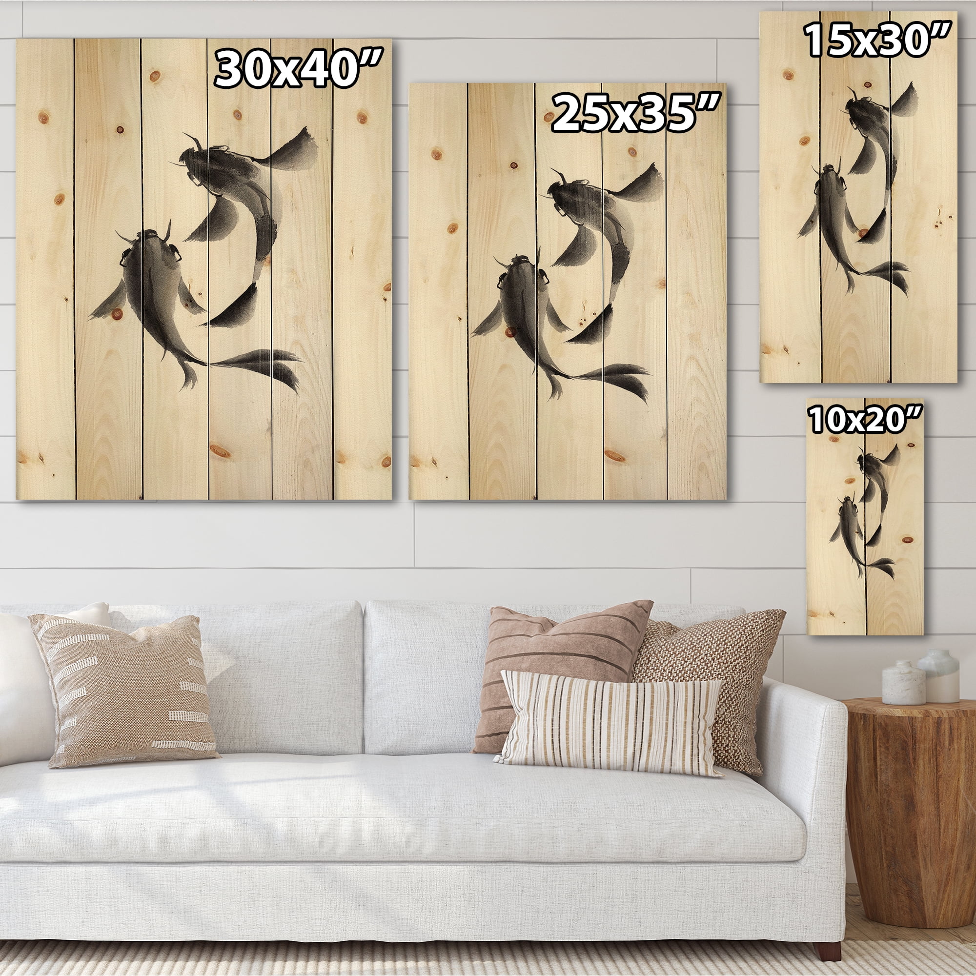 Designart 'Black and White Vintage Fish II' Nautical & Coastal Print on Natural Pine Wood