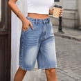 thumbnail image 2 of PWPSG Womens High Waist Denim Bermuda Shorts, Wide Leg Cut with Frayed Hem, Washed Vintage Fabric for Street Style Outfits Blue S, 2 of 7