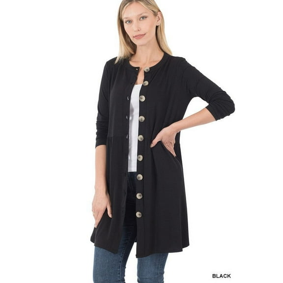 Shirred Waist Button Cardigan With Side Pockets