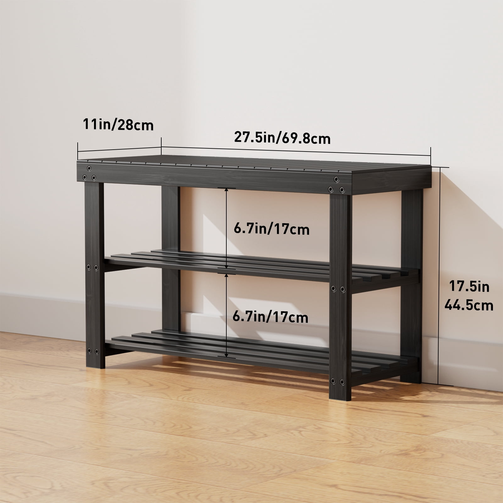 CHITOOMA 3-Tier Bamboo Shoe Storage Bench for Entryway, Wood Hallway Shoe Rack Shoe Organizer Shelf for Living Room Bedroom, 11"D x 27.5"W x 17.5"H, Black