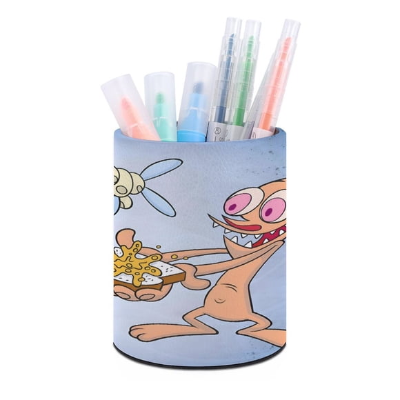El Show de Ren y Stimpy-theme Cylinder Pen Holder Pencil Organizer with Flannel Lining PVC Leather Material Cardboard Base for study work 10*8CM