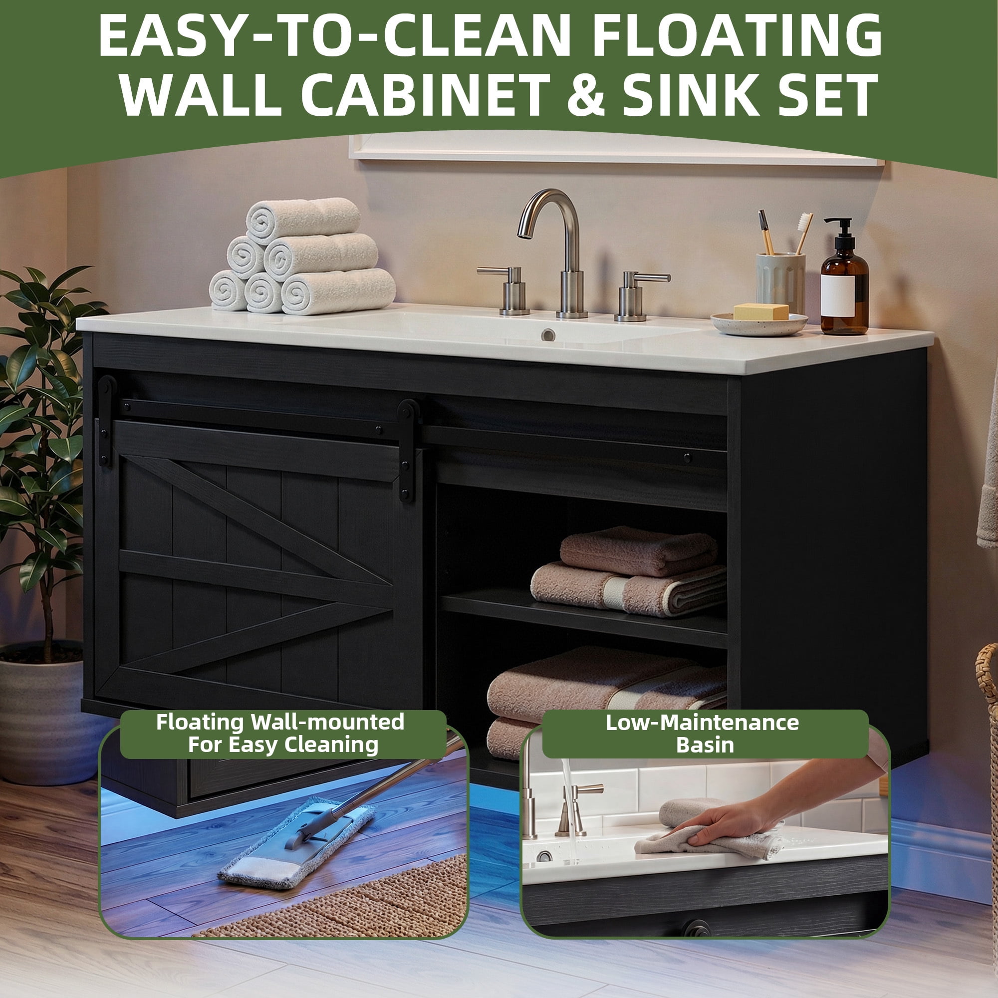 Uforic 36 Inch Farmhouse Floating Bathroom Vanity with Ceramic Sink, 7-Color LED Ambient Light for Bathroom Decor, Black