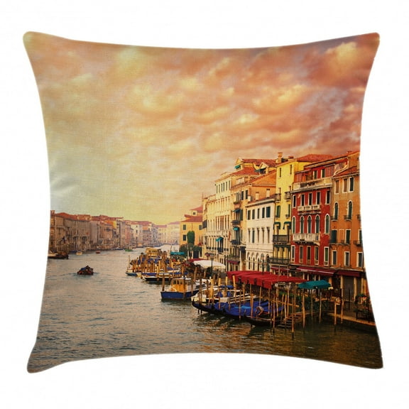 Scenery Decor Throw Pillow Cushion Cover, Venezia Italian Decor Landscape with Old Houses Gondollas and Spikes Image, Decorative Square Accent Pillow Case, 18 X 18 Inches, Multicolor, by Ambesonne