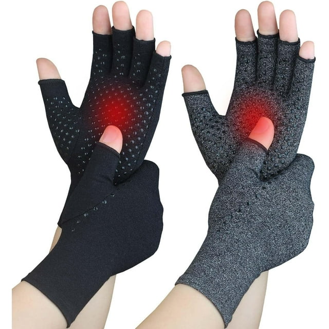 2 Pairs Arthritis Compression Gloves for Rheumatoid, Carpal Tunnel Pain, Hand Compression Gloves Fingerless for Typing, Work, Driving, Fit Women Men, Anti-Slip Dots (Pure Black+Black, Medium)