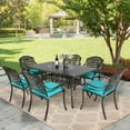 thumbnail image 2 of MEETWARM 7-Piece Outdoor Furniture Dining Set, All Weather Cast Aluminum Patio Garden Set with 6 Chairs, 6 Cushions, 1 Rectangular Table, 2" Umbrella Hole, Dark Bronze, Ocean Blue, 2 of 7