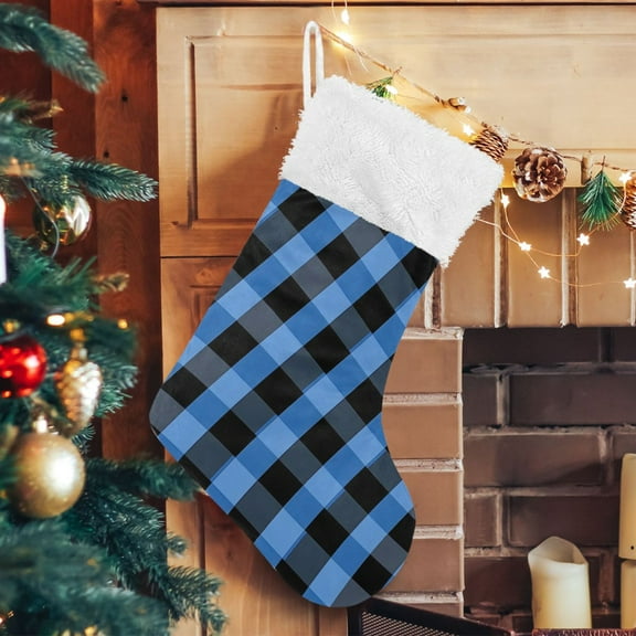Ryvnso Christmas Stockings Blue Checkered Grid Pattern 17.7" Large Stocking Decoration 1 Pack