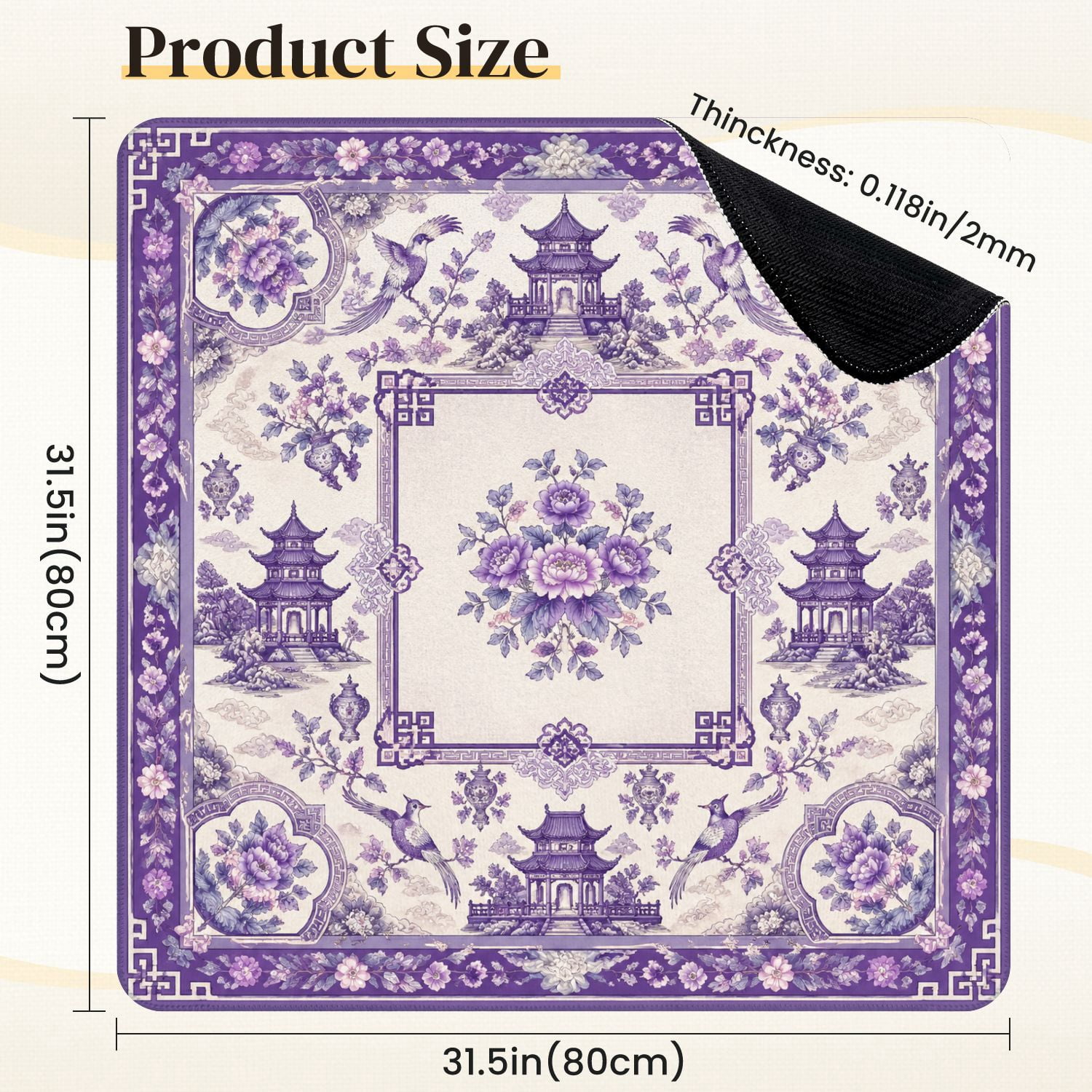 Mahjong Mat 31.5" x 31.5" Purple Floral Oriental Pagodas Birds Decorative Borders Non-Slip Noise Reduction Mahjong Tiles Table Cover for Dominoes Poker Card Board and Tile Games
