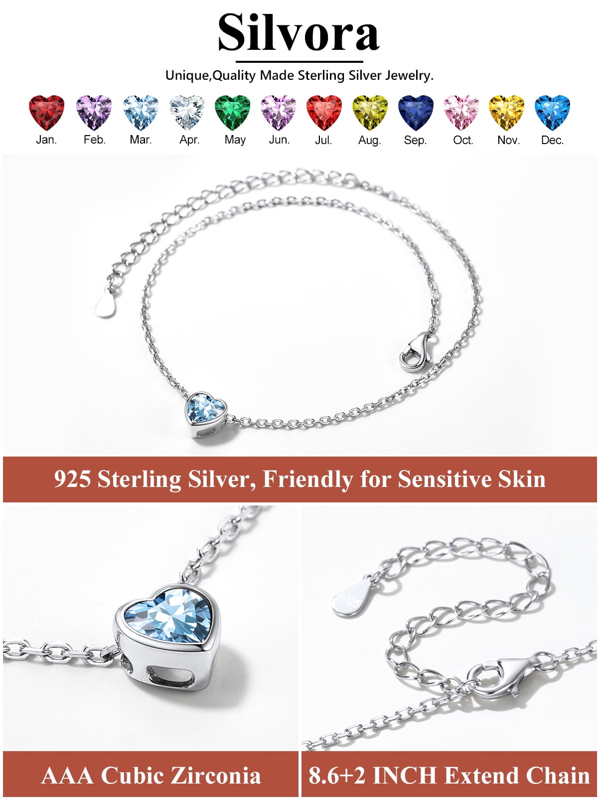 Silvora Heart Anklet Bracelet for Women March Blue Aquamarine Sterling Silver Anklet Summer Beach Foot Jewelry for Her Wife Daughter Mom