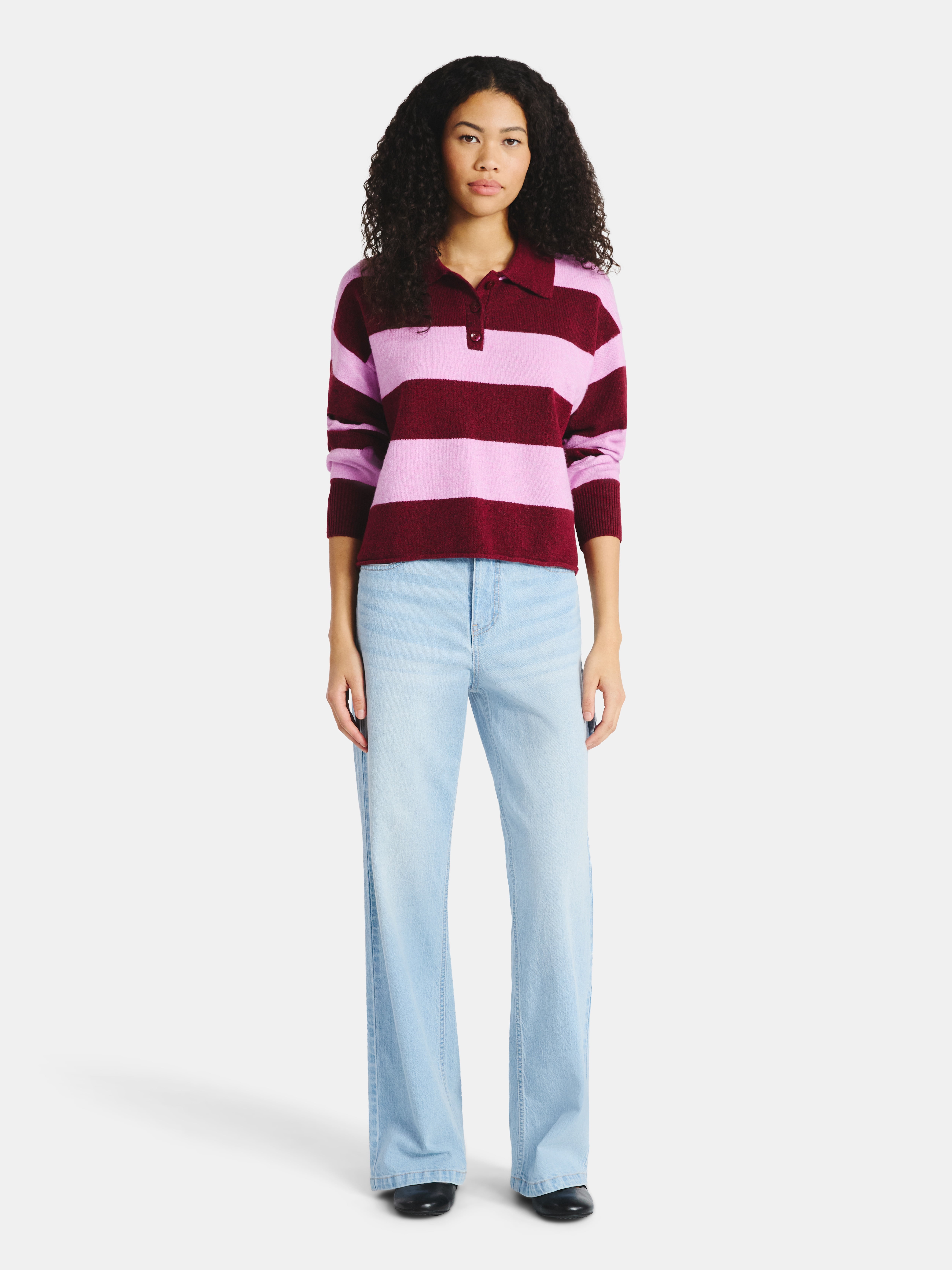 No Boundaries Button-Up Pullover Sweater with Long Sleeves, Midweight, Women's