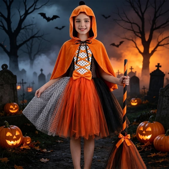 MEZZALL Girls Witch Dress Halloween Outfit Sets Toddler Pumpkin Role Play Birthday Clothes Sets