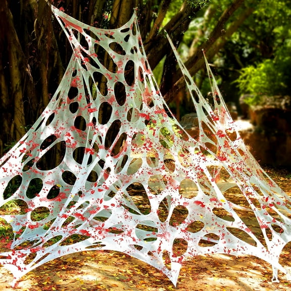 1000 Sqft (Streched with Holes) Blood Handprint Giant Spider Web Halloween Decorations Outdoor with 10 Ground Nails Stretchy Beef Cloth Netting