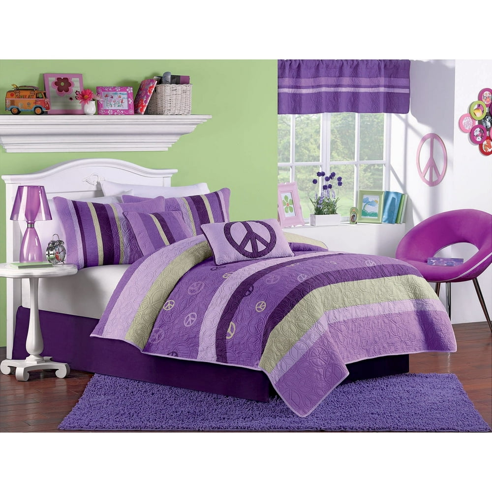 Purple & Green Striped Peace Signs Cotton Twin Quilt & Sham Set (2