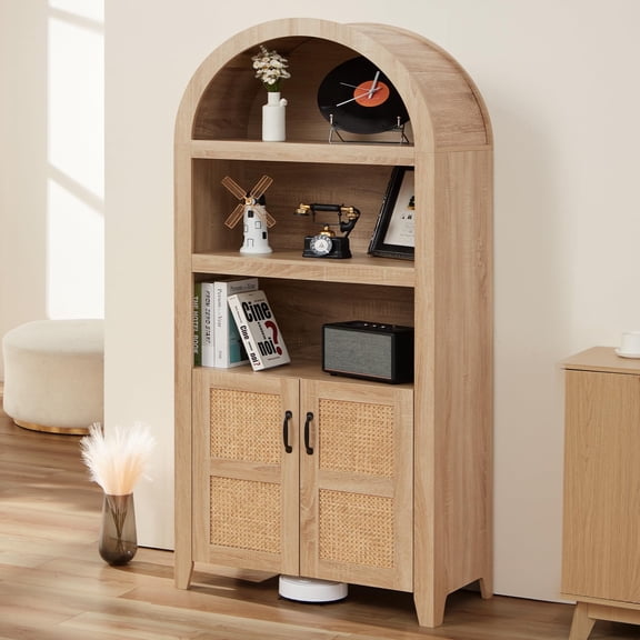 72" Arched Storage Cabinet, Beech Rattan Doors, Adjustable Bookshelves, Modern Farmhouse Wooden Bookcase (Natural)