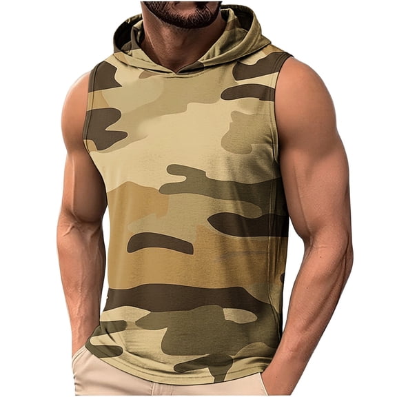 Lpmadey Men's Camo Hoodie Vest Sleeveless Workout Tank Top Outdoor Casual Athletic Gym Hiking Tops